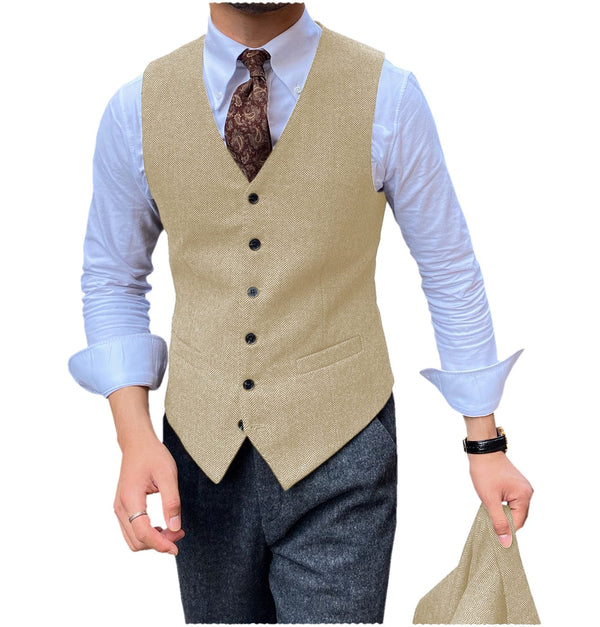 Tiavllya Tiavllya Vintage Classical Mens Regular Fit Tweed Herringbone V Neck Waistcoat