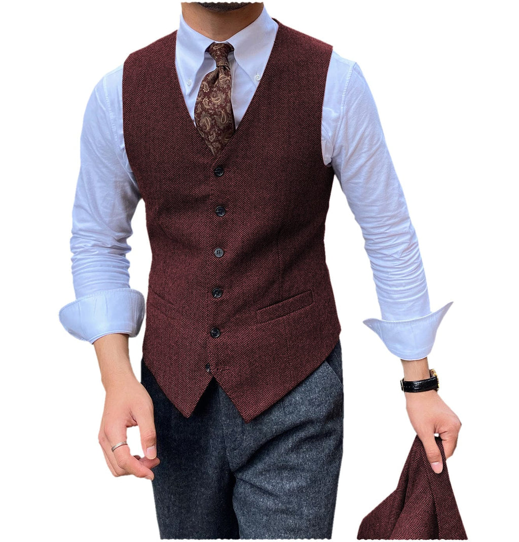 Tiavllya Tiavllya Vintage Classical Mens Regular Fit Tweed Herringbone V Neck Waistcoat