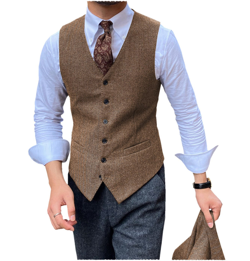 Tiavllya Tiavllya Vintage Classical Mens Regular Fit Tweed Herringbone V Neck Waistcoat