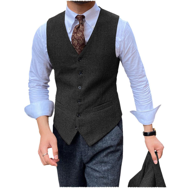 Tiavllya Tiavllya Vintage Classical Mens Regular Fit Tweed Herringbone V Neck Waistcoat