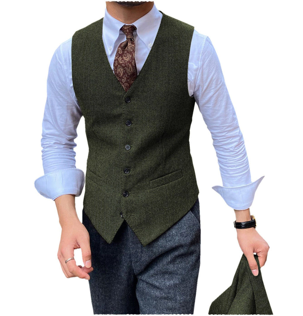 Tiavllya Tiavllya Vintage Classical Mens Regular Fit Tweed Herringbone V Neck Waistcoat