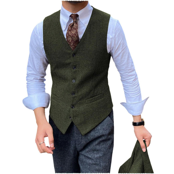 Tiavllya Tiavllya Vintage Classical Mens Regular Fit Tweed Herringbone V Neck Waistcoat