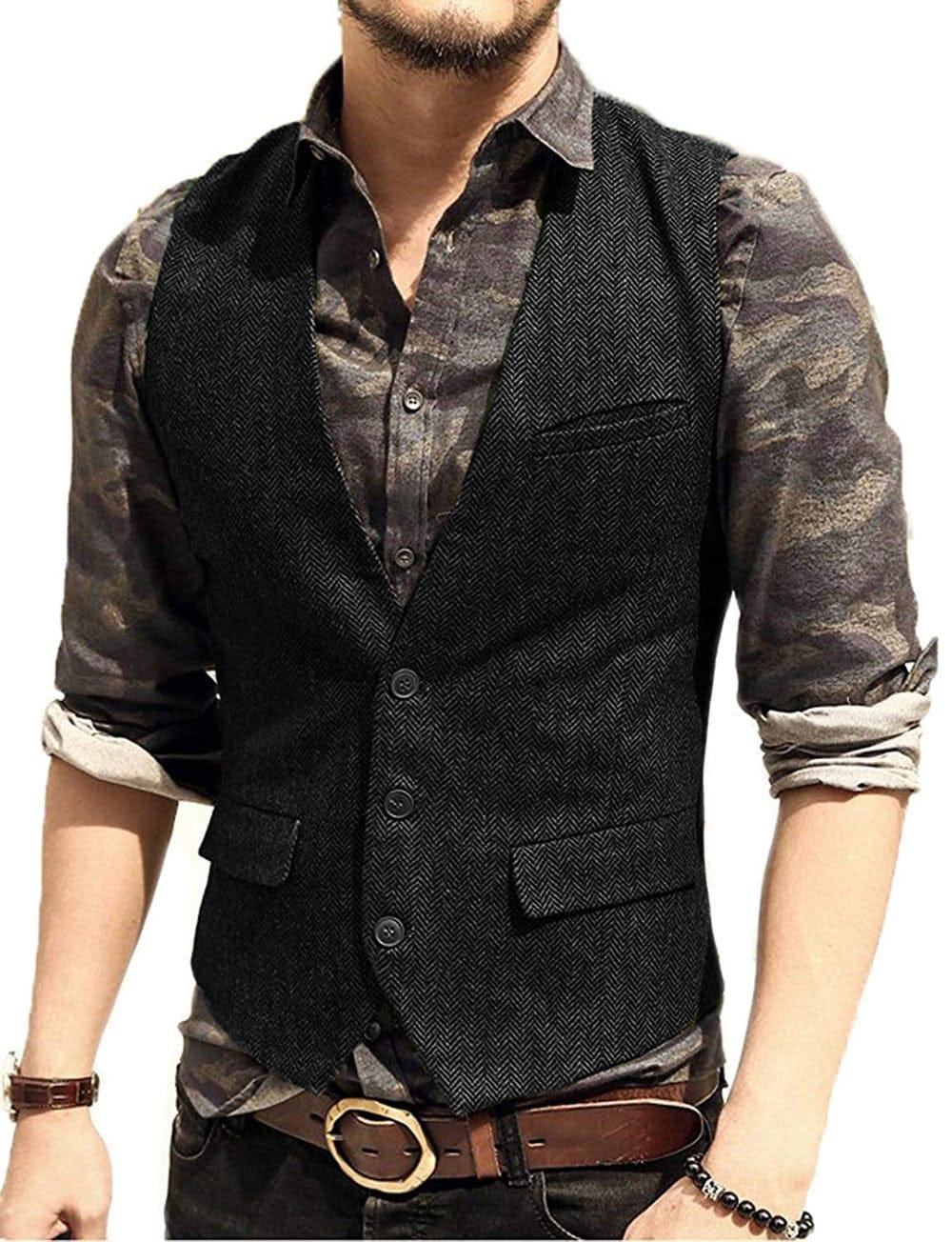 Tiavllya Tiavllya Vintage Classical Mens Regular Fit Tweed Herringbone V Neck Waistcoat