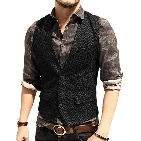 Tiavllya Tiavllya Vintage Classical Mens Regular Fit Tweed Herringbone V Neck Waistcoat