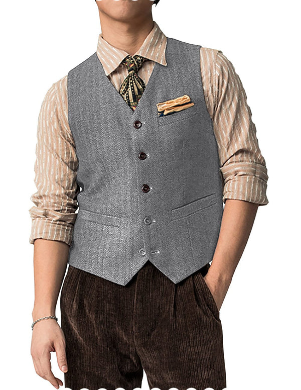 Tiavllya Tiavllya Vintage Classical Mens Regular Fit Tweed Herringbone V Neck Waistcoat