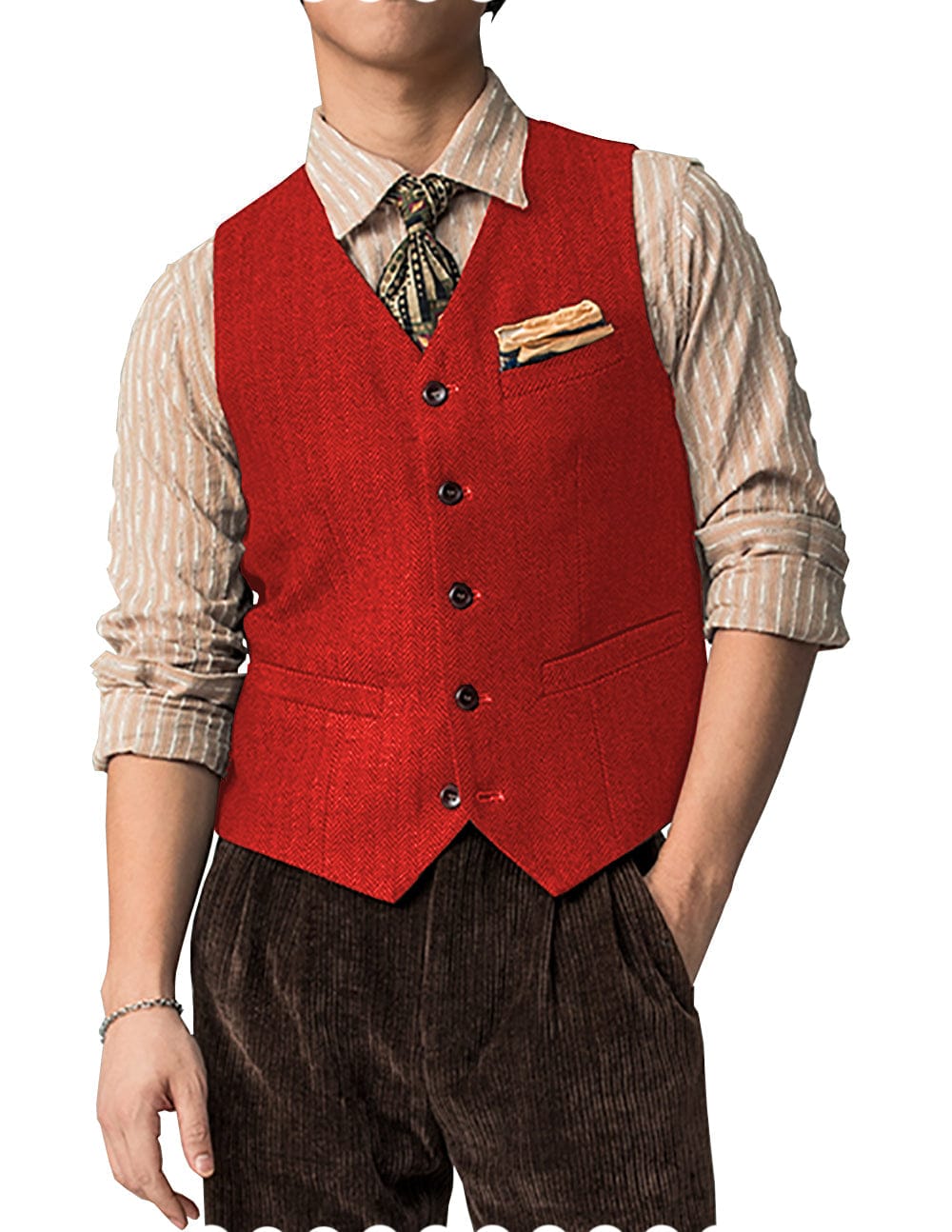 Tiavllya Tiavllya Vintage Classical Mens Regular Fit Tweed Herringbone V Neck Waistcoat