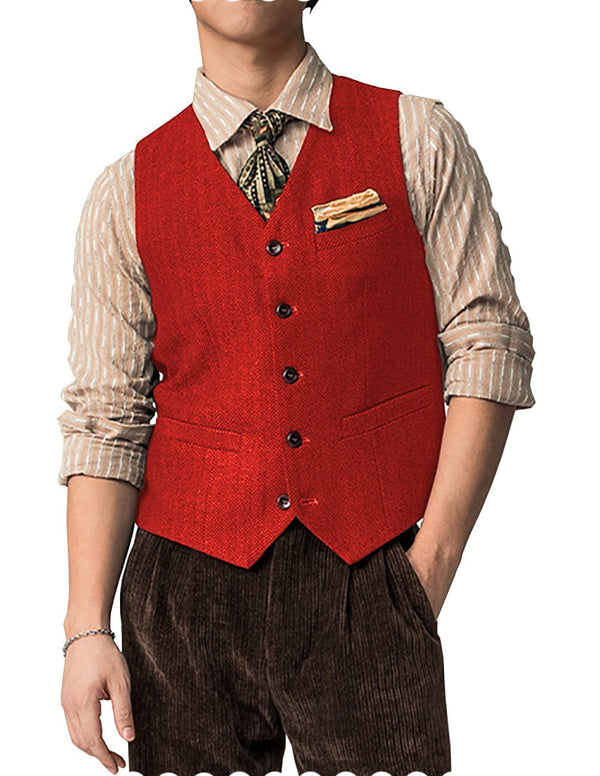 Tiavllya Tiavllya Vintage Classical Mens Regular Fit Tweed Herringbone V Neck Waistcoat