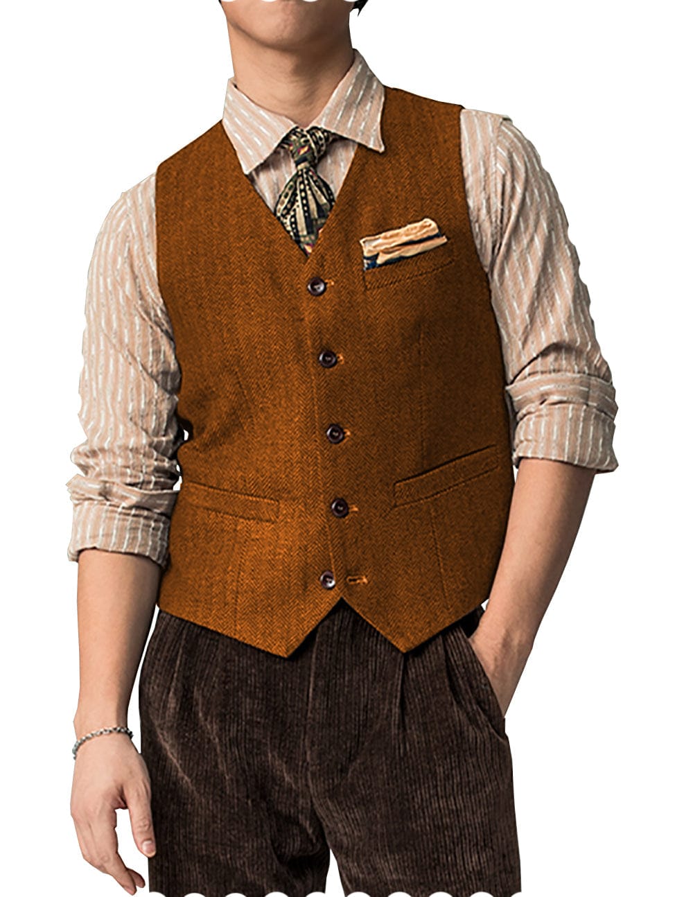Tiavllya Tiavllya Vintage Classical Mens Regular Fit Tweed Herringbone V Neck Waistcoat