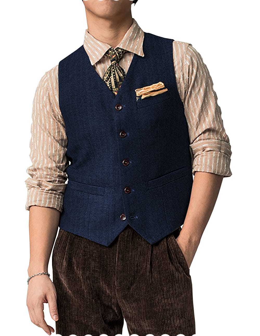Tiavllya Tiavllya Vintage Classical Mens Regular Fit Tweed Herringbone V Neck Waistcoat
