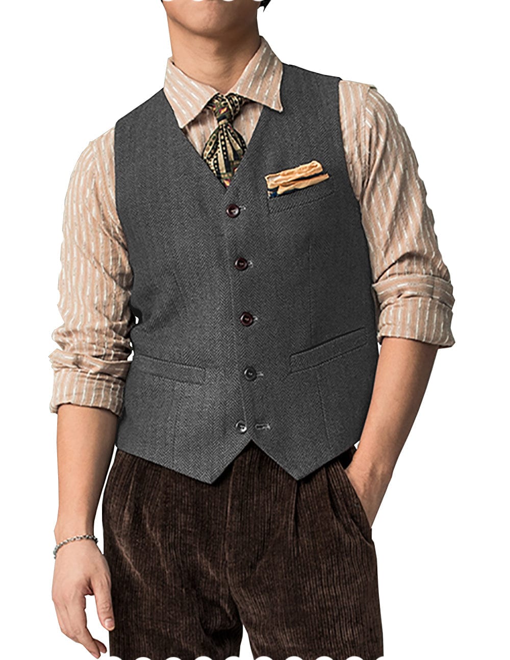 Tiavllya Tiavllya Vintage Classical Mens Regular Fit Tweed Herringbone V Neck Waistcoat