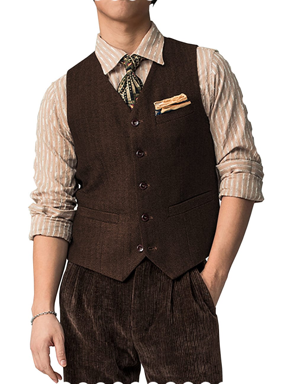 Tiavllya Tiavllya Vintage Classical Mens Regular Fit Tweed Herringbone V Neck Waistcoat