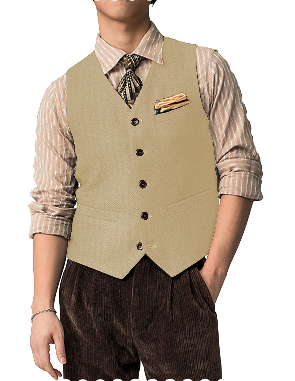 Tiavllya Tiavllya Vintage Classical Mens Regular Fit Tweed Herringbone V Neck Waistcoat