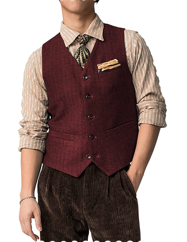 Tiavllya Tiavllya Vintage Classical Mens Regular Fit Tweed Herringbone V Neck Waistcoat
