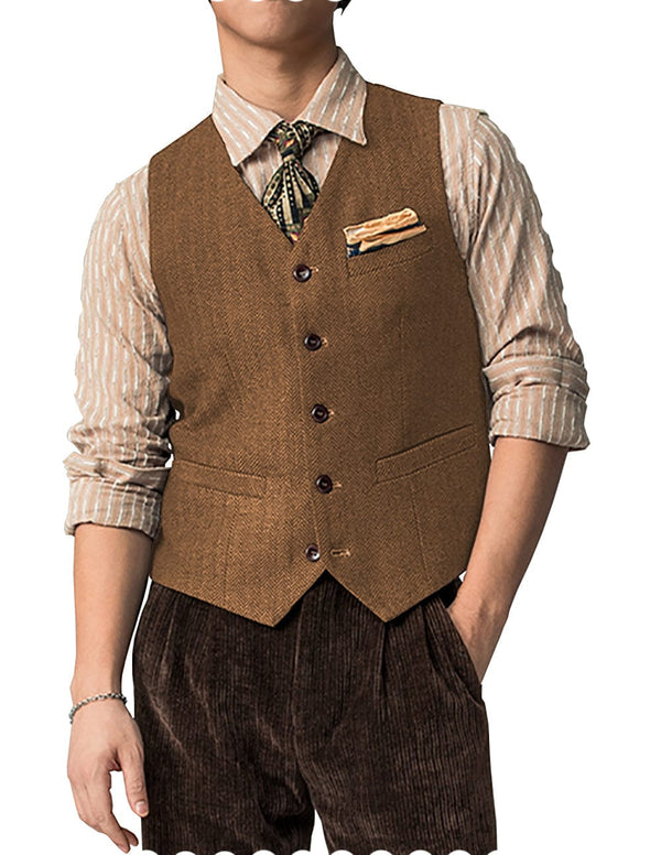 Tiavllya Tiavllya Vintage Classical Mens Regular Fit Tweed Herringbone V Neck Waistcoat