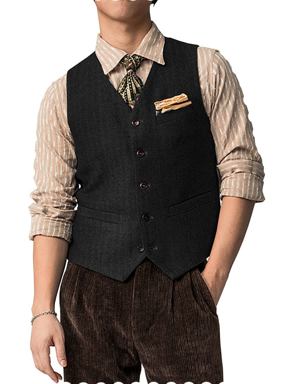 Tiavllya Tiavllya Vintage Classical Mens Regular Fit Tweed Herringbone V Neck Waistcoat