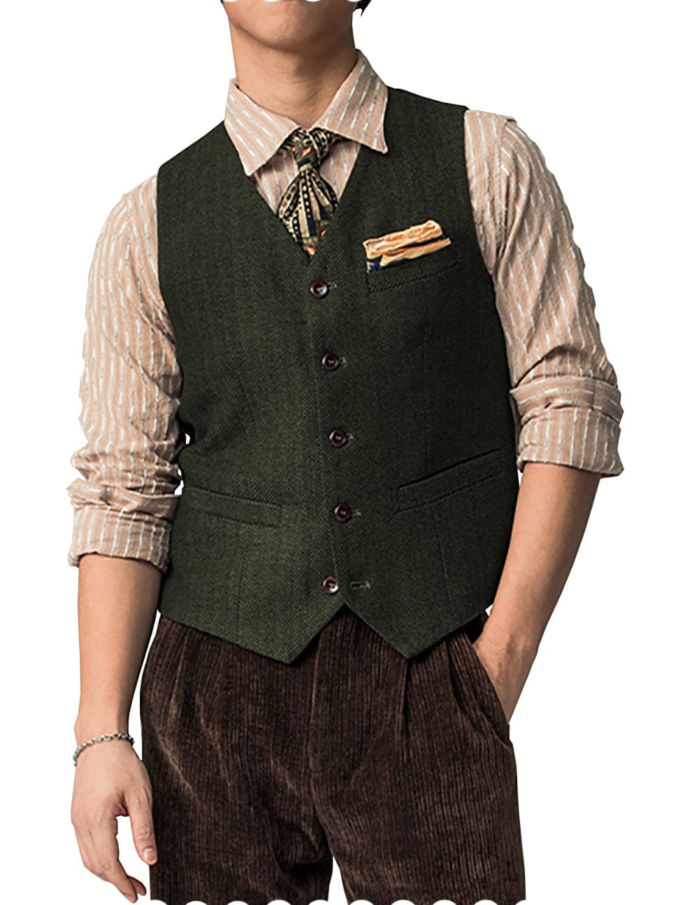 Tiavllya Tiavllya Vintage Classical Mens Regular Fit Tweed Herringbone V Neck Waistcoat