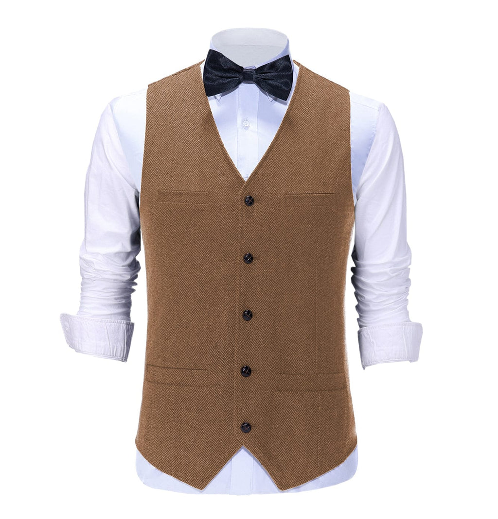 Tiavllya Tiavllya Vintage Classical Mens Regular Fit Tweed Herringbone V Neck Waistcoat