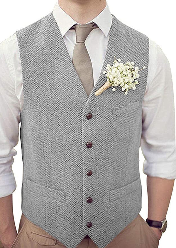 Tiavllya Tiavllya Vintage Classical Mens Regular Fit Tweed Herringbone V Neck Waistcoat