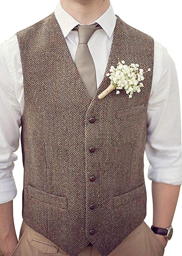 Tiavllya Tiavllya Vintage Classical Mens Regular Fit Tweed Herringbone V Neck Waistcoat