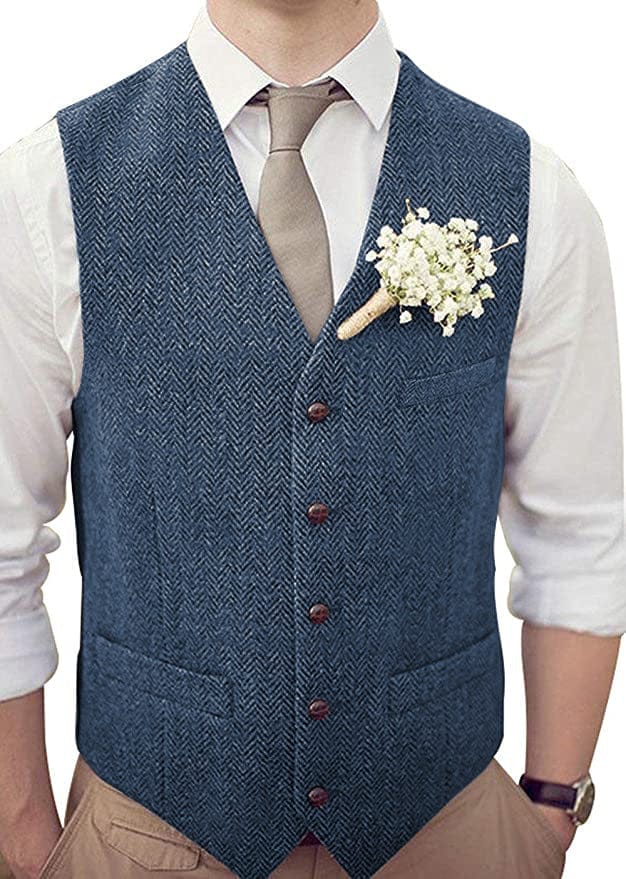 Tiavllya Tiavllya Vintage Classical Mens Regular Fit Tweed Herringbone V Neck Waistcoat