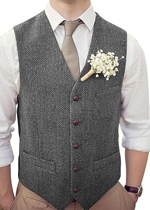 Tiavllya Tiavllya Vintage Classical Mens Regular Fit Tweed Herringbone V Neck Waistcoat
