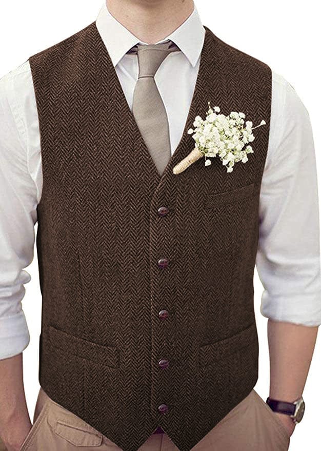 Tiavllya Tiavllya Vintage Classical Mens Regular Fit Tweed Herringbone V Neck Waistcoat