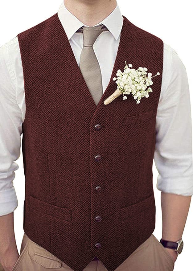Tiavllya Tiavllya Vintage Classical Mens Regular Fit Tweed Herringbone V Neck Waistcoat