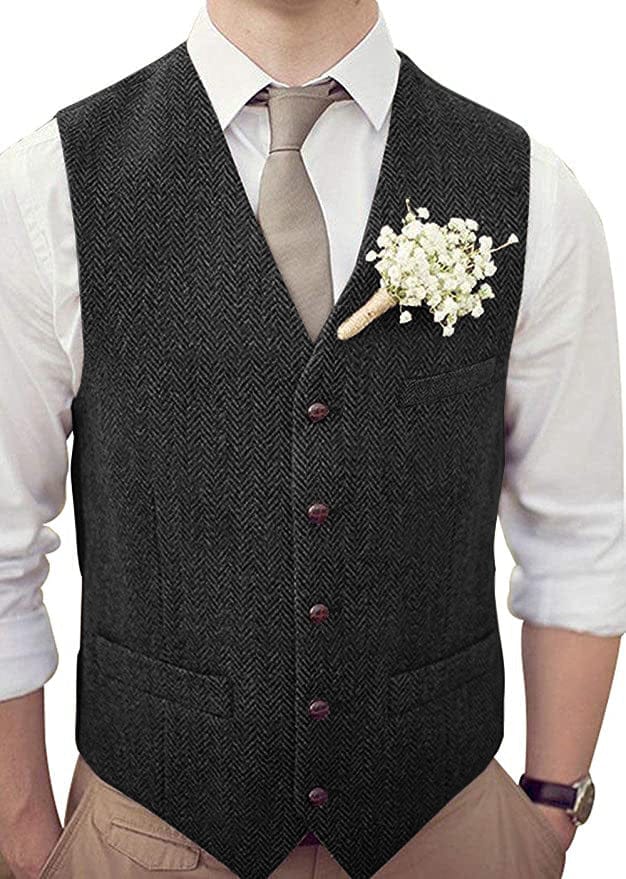 Tiavllya Tiavllya Vintage Classical Mens Regular Fit Tweed Herringbone V Neck Waistcoat