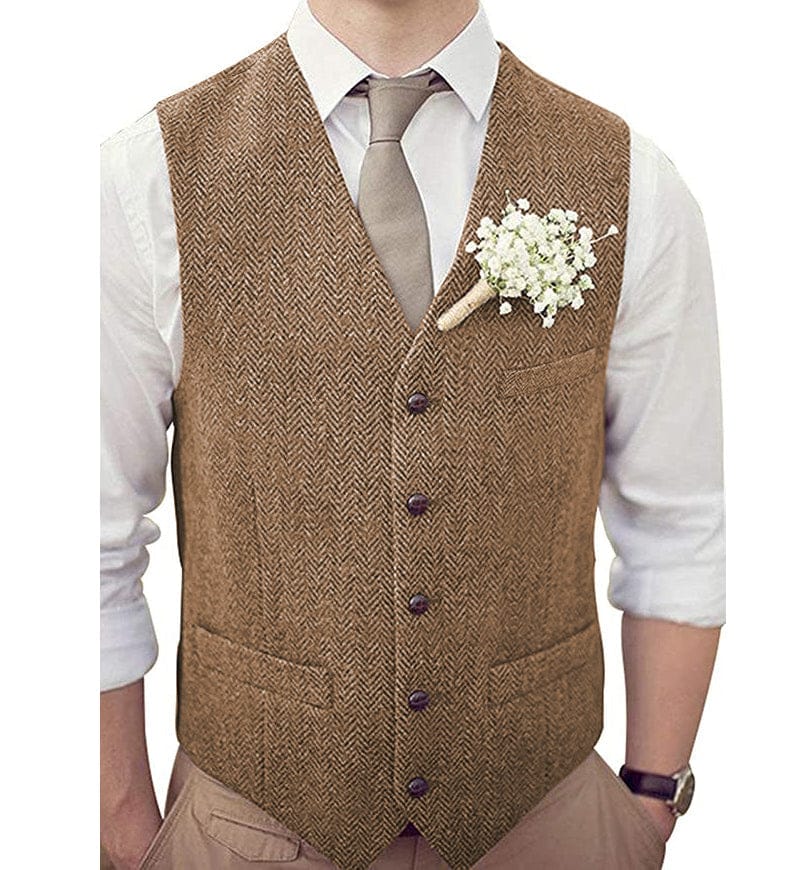 Tiavllya Tiavllya Vintage Classical Mens Regular Fit Tweed Herringbone V Neck Waistcoat