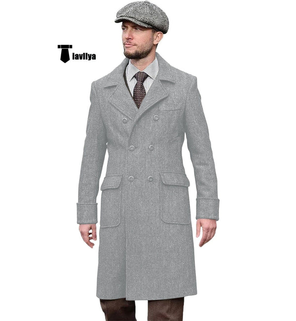 Tiavllya Tiavllya Vintage Trench Coat Men Double Breasted Notch Collar Herringbone Tweed Coat Slim Fit Winter Wedding