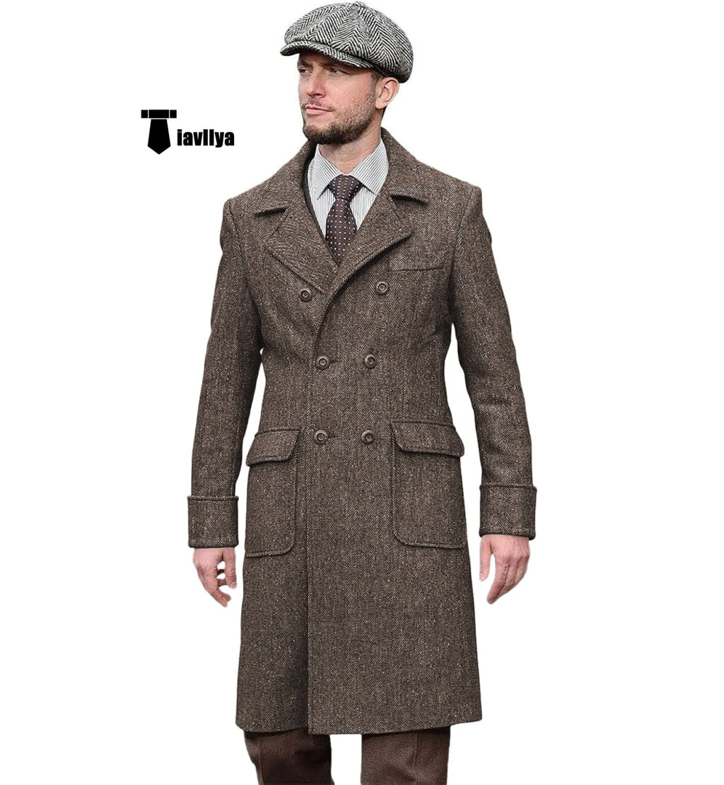 Tiavllya Tiavllya Vintage Trench Coat Men Double Breasted Notch Collar Herringbone Tweed Coat Slim Fit Winter Wedding