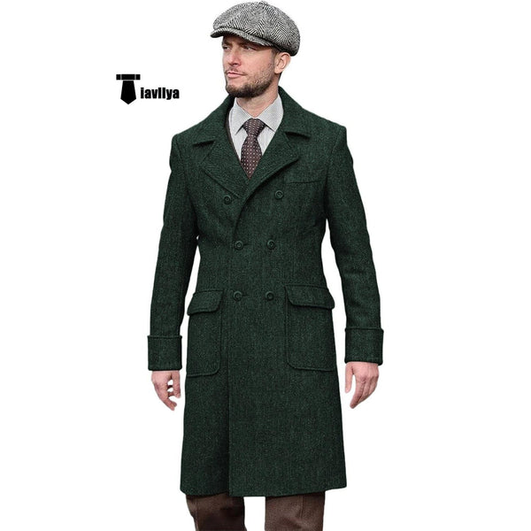 Tiavllya Tiavllya Vintage Trench Coat Men Double Breasted Notch Collar Herringbone Tweed Coat Slim Fit Winter Wedding
