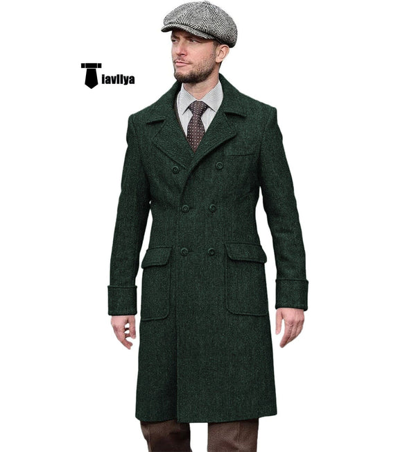 Tiavllya Tiavllya Vintage Trench Coat Men Double Breasted Notch Collar Herringbone Tweed Coat Slim Fit Winter Wedding