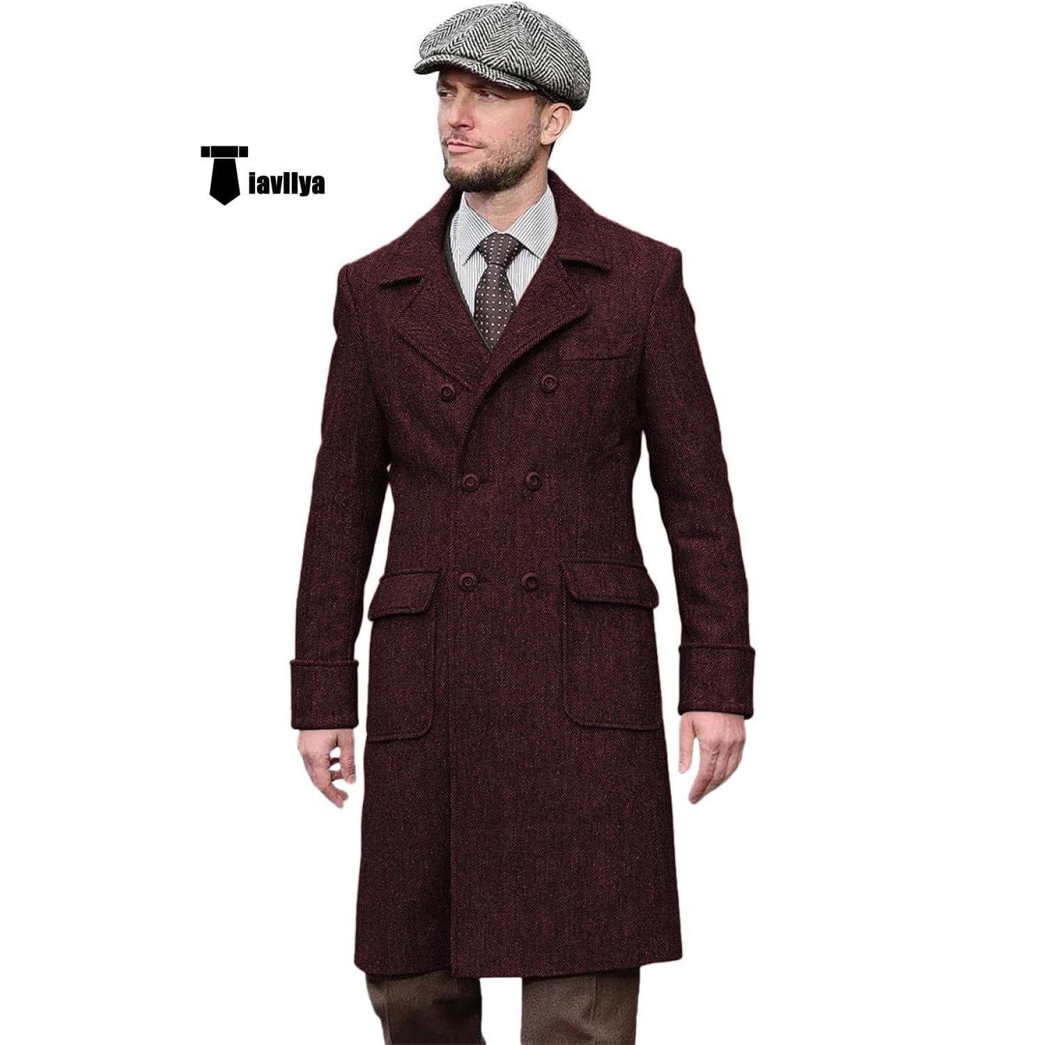 Tiavllya Vintage Trench Coat Men Double Breasted Notch Collar Herringb