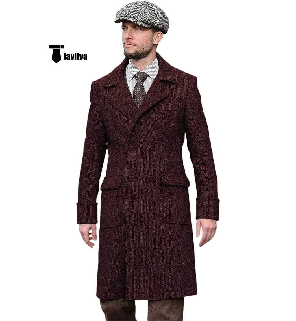 Tiavllya Tiavllya Vintage Trench Coat Men Double Breasted Notch Collar Herringbone Tweed Coat Slim Fit Winter Wedding