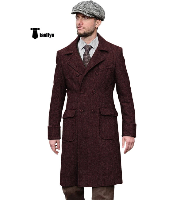 Tiavllya Tiavllya Vintage Trench Coat Men Double Breasted Notch Collar Herringbone Tweed Coat Slim Fit Winter Wedding