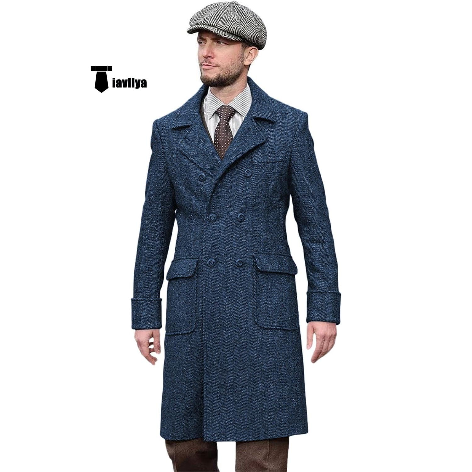 Tiavllya Vintage Trench Coat Men Double Breasted Notch Collar Herringb
