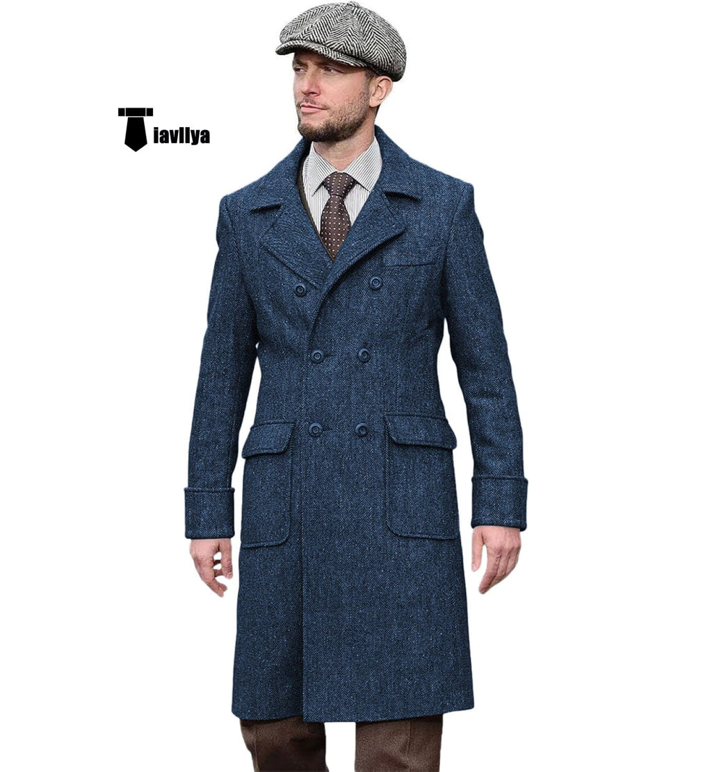 Tiavllya Tiavllya Vintage Trench Coat Men Double Breasted Notch Collar Herringbone Tweed Coat Slim Fit Winter Wedding