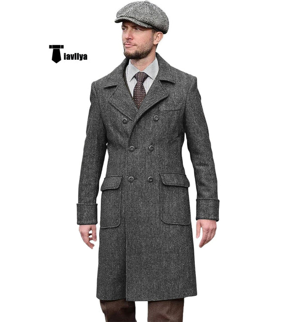 Tiavllya Tiavllya Vintage Trench Coat Men Double Breasted Notch Collar Herringbone Tweed Coat Slim Fit Winter Wedding