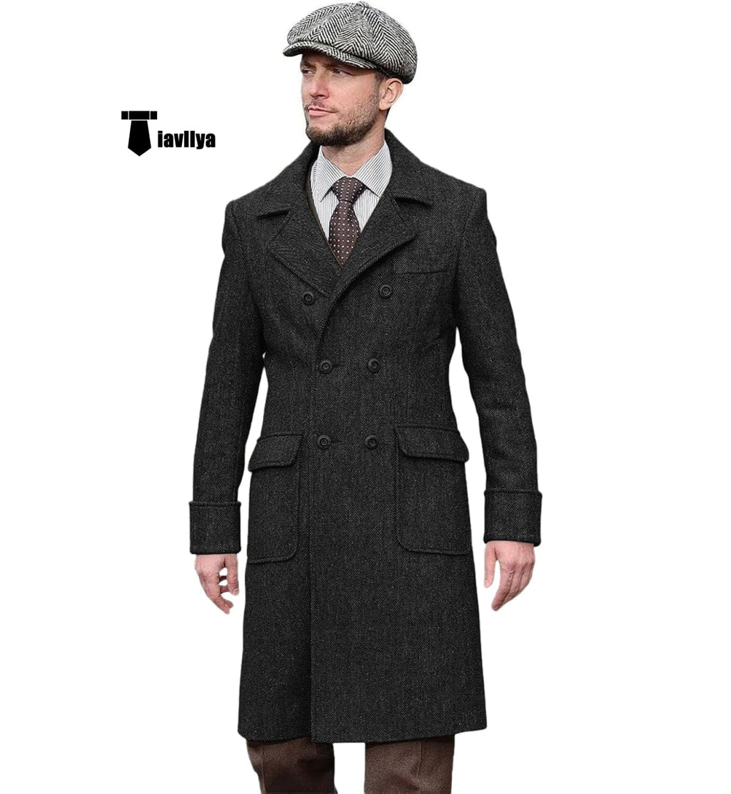 Tiavllya Tiavllya Vintage Trench Coat Men Double Breasted Notch Collar Herringbone Tweed Coat Slim Fit Winter Wedding