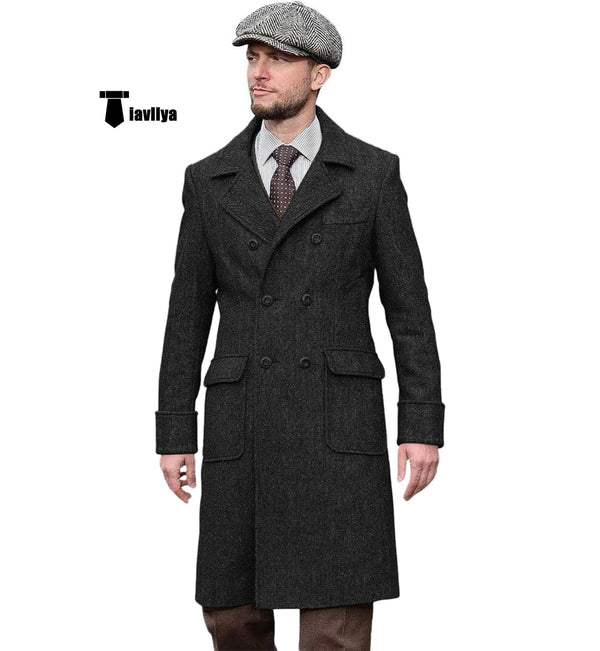 Tiavllya Tiavllya Vintage Trench Coat Men Double Breasted Notch Collar Herringbone Tweed Coat Slim Fit Winter Wedding