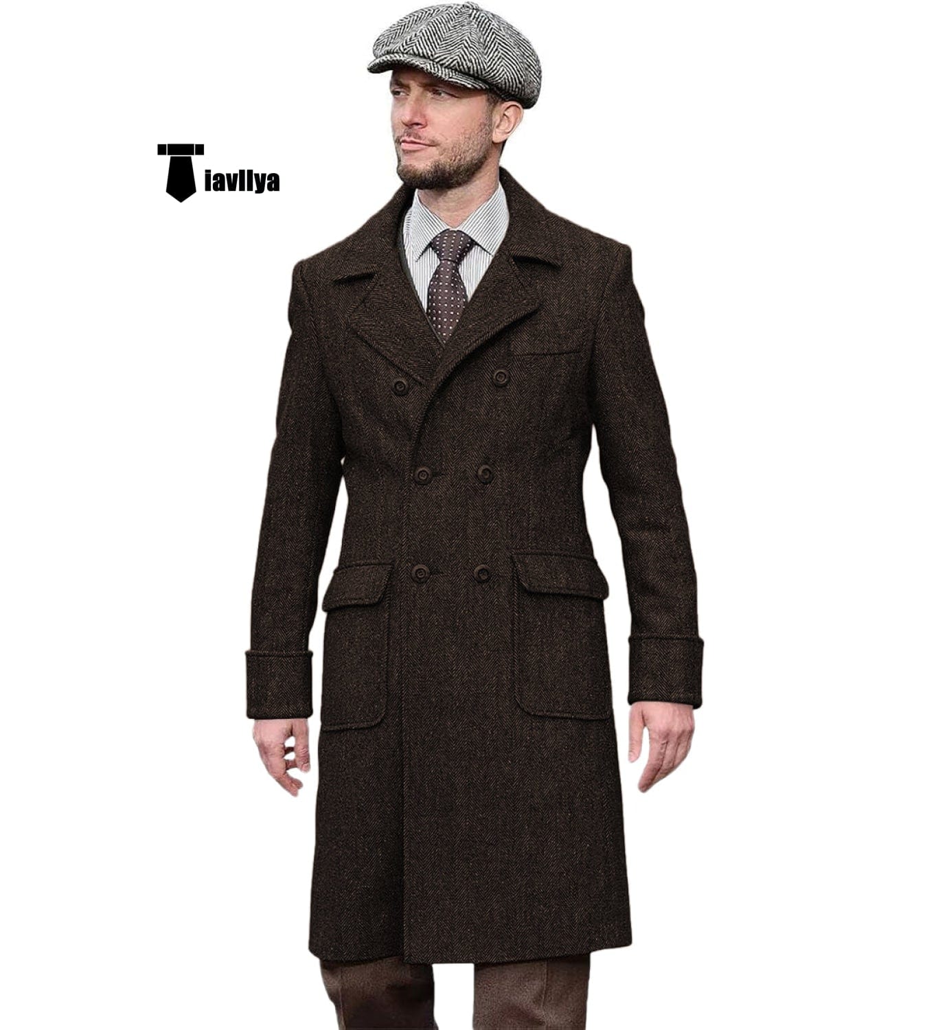 Tiavllya Vintage Trench Coat Men Double Breasted Notch Collar Herringb