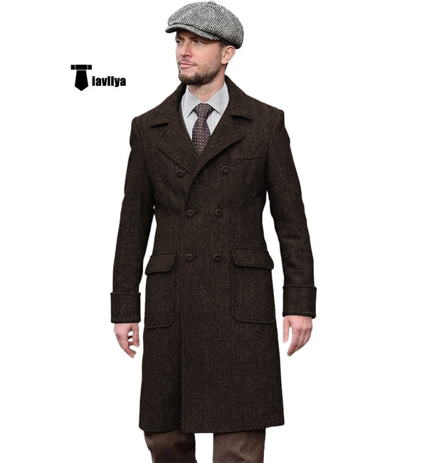 Tiavllya Tiavllya Vintage Trench Coat Men Double Breasted Notch Collar Herringbone Tweed Coat Slim Fit Winter Wedding