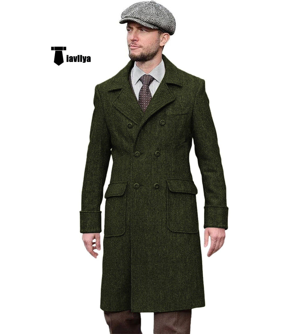 Tiavllya Tiavllya Vintage Trench Coat Men Double Breasted Notch Collar Herringbone Tweed Coat Slim Fit Winter Wedding