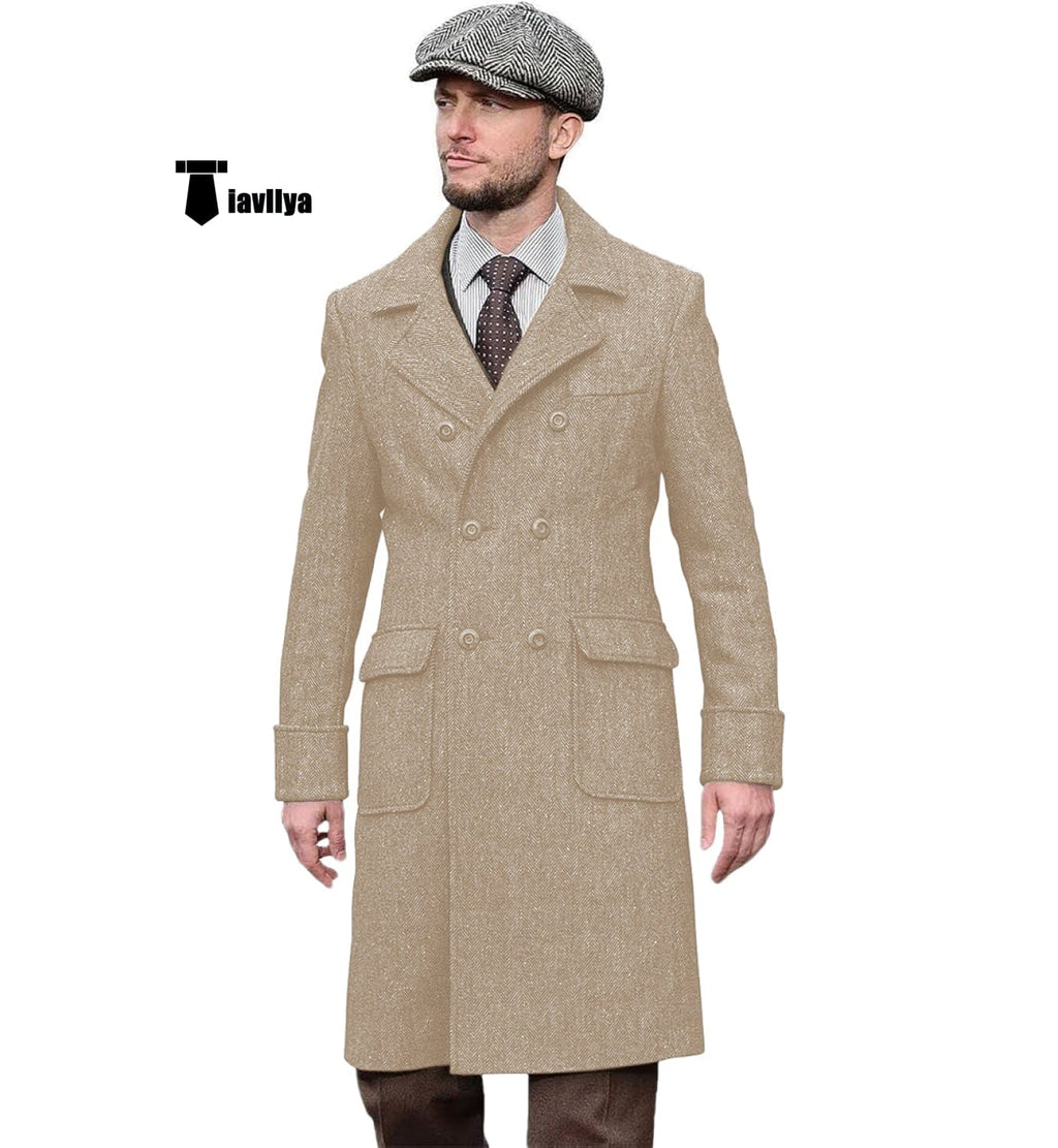 Tiavllya Tiavllya Vintage Trench Coat Men Double Breasted Notch Collar Herringbone Tweed Coat Slim Fit Winter Wedding