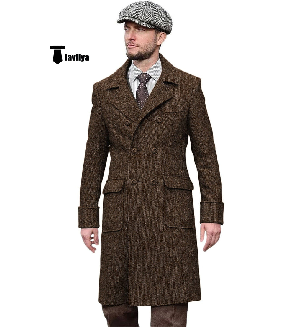 Tiavllya Tiavllya Vintage Trench Coat Men Double Breasted Notch Collar Herringbone Tweed Coat Slim Fit Winter Wedding