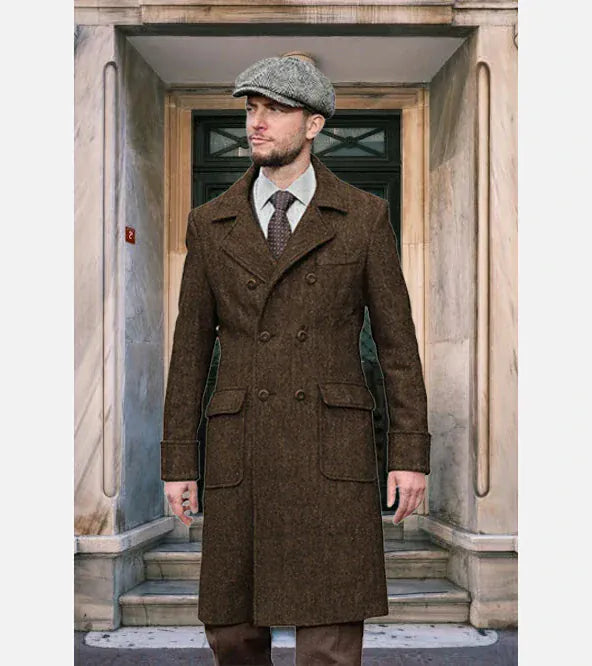 Tiavllya Vintage Trench Coat Men Double Breasted Notch Collar Herringb