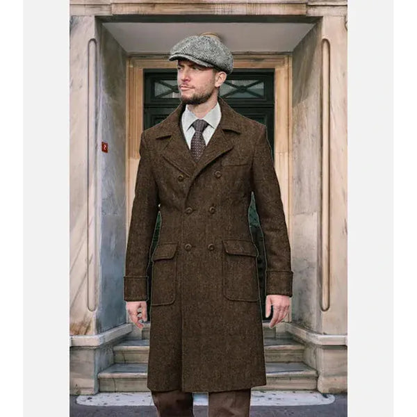 Tiavllya Tiavllya Vintage Trench Coat Men Double Breasted Notch Collar Herringbone Tweed Coat Slim Fit Winter Wedding