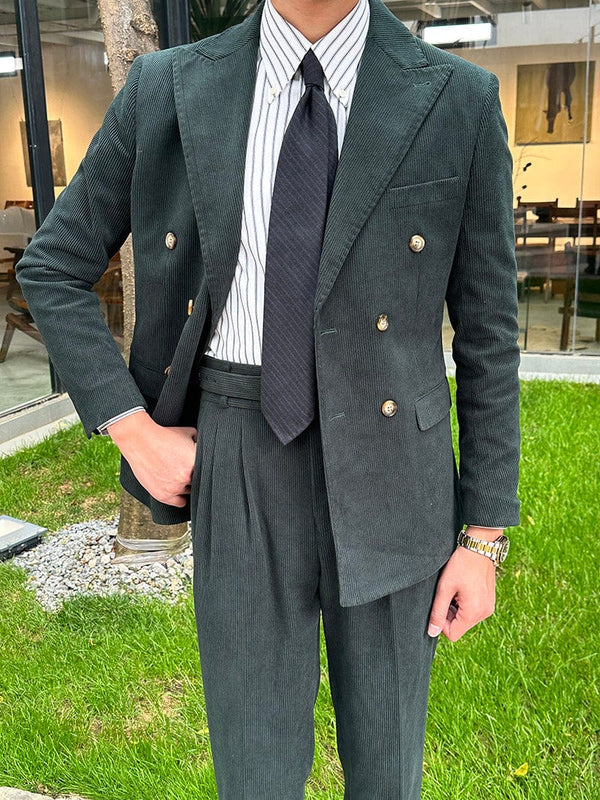 Tiavllya Tiavllya Vintage two piece men's corduroy flat peak lapel double-breasted tuxedo for weddings (blazer + pants)