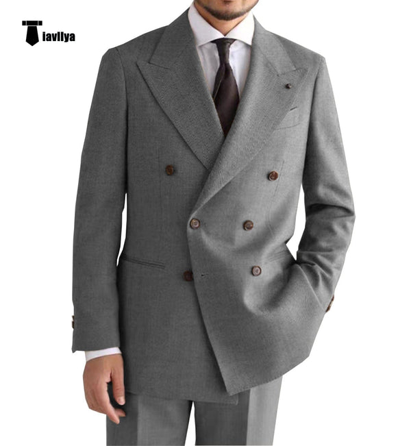 Tiavllya Vintage Classical Men's 2 Piece Suit Herringbone Tweed Peak Lapel Tuxedos (Blazer+Pants)